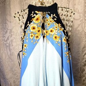 Free People Women's Blue Medium M Floral Mock Tie